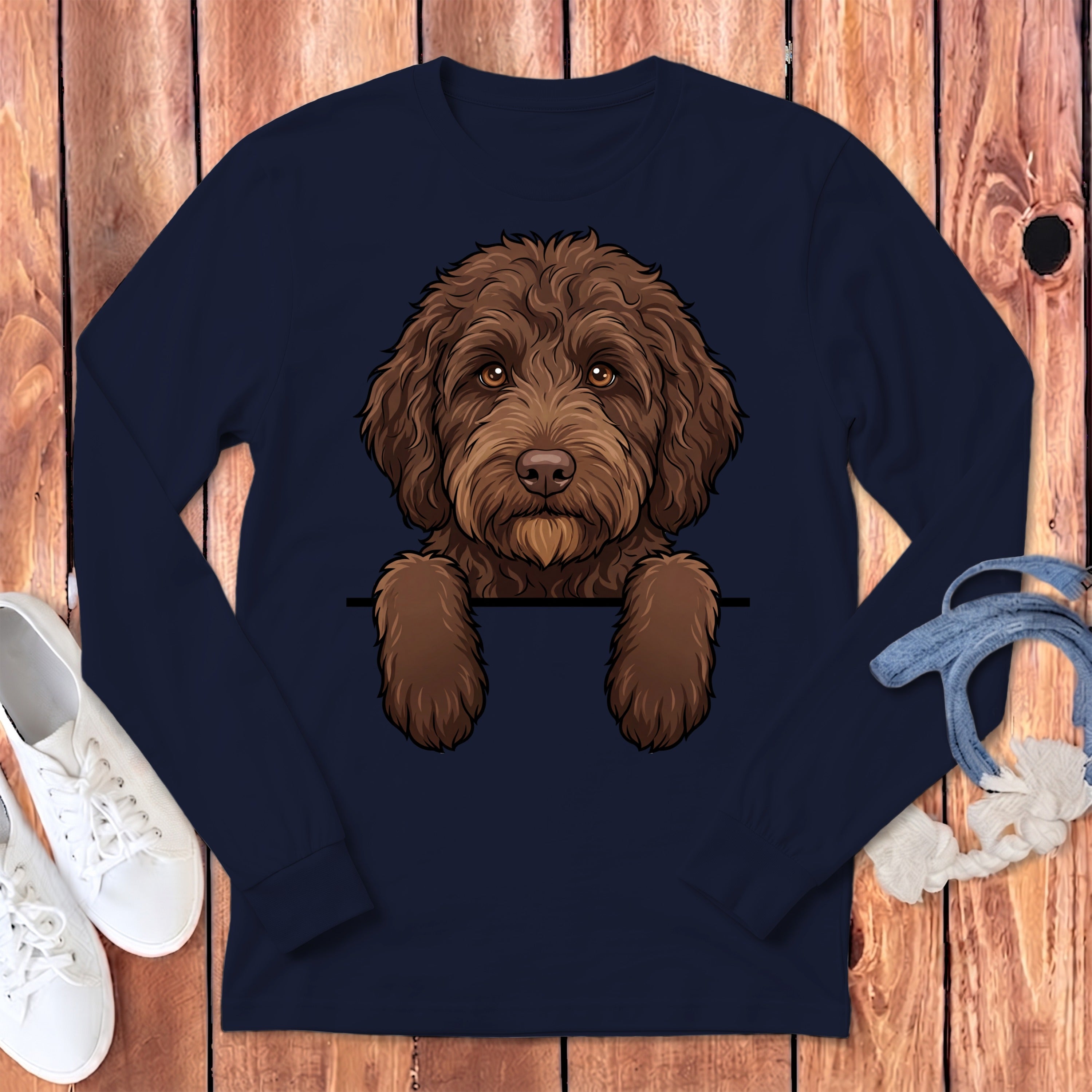 Dark navy long sleeve shirt featuring a cartoon brown doodle dog design.