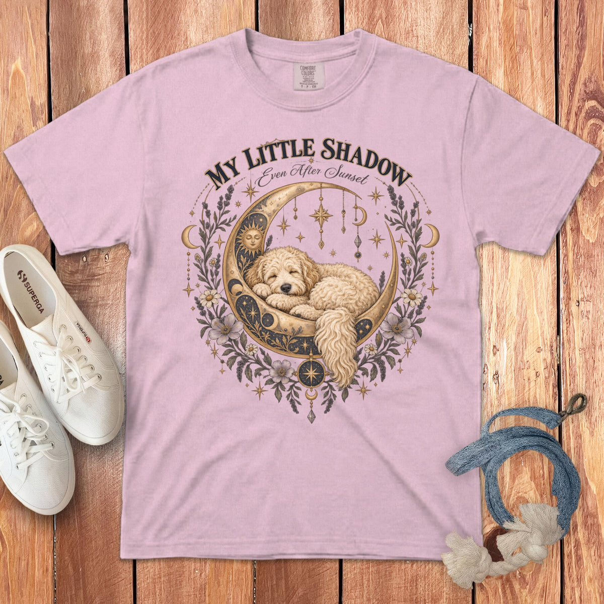 Pink t-shirt with gold moon, sleeping dog, and "My Little Shadow" text graphic.