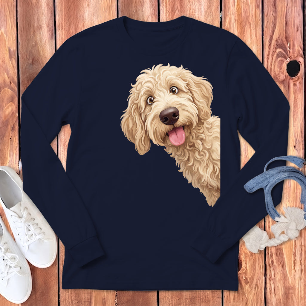 Navy long-sleeve shirt with a peeking cream-colored doodle dog graphic.