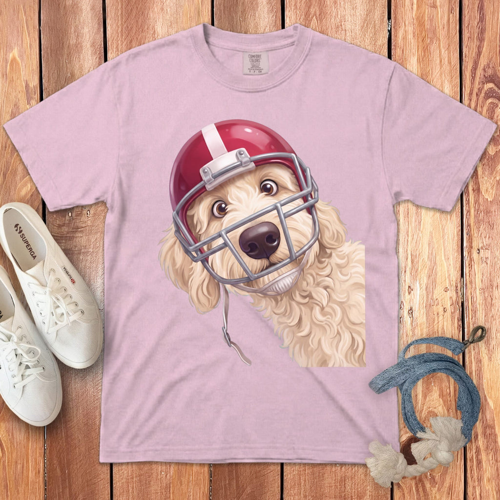 Cream Goldendoodle Football Helmet Signature T-Shirt in Blossom / S by Puppy Jo