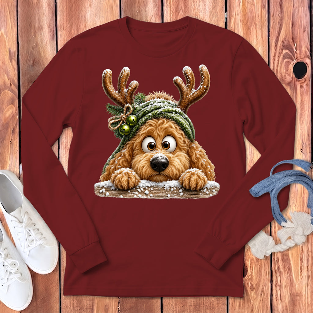 Maroon long-sleeve shirt with a cartoon dog wearing a Christmas hat and antlers.
