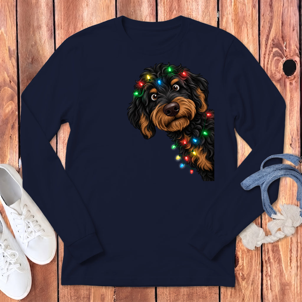 Navy long-sleeve shirt with a doodle dog wearing colorful Christmas lights.