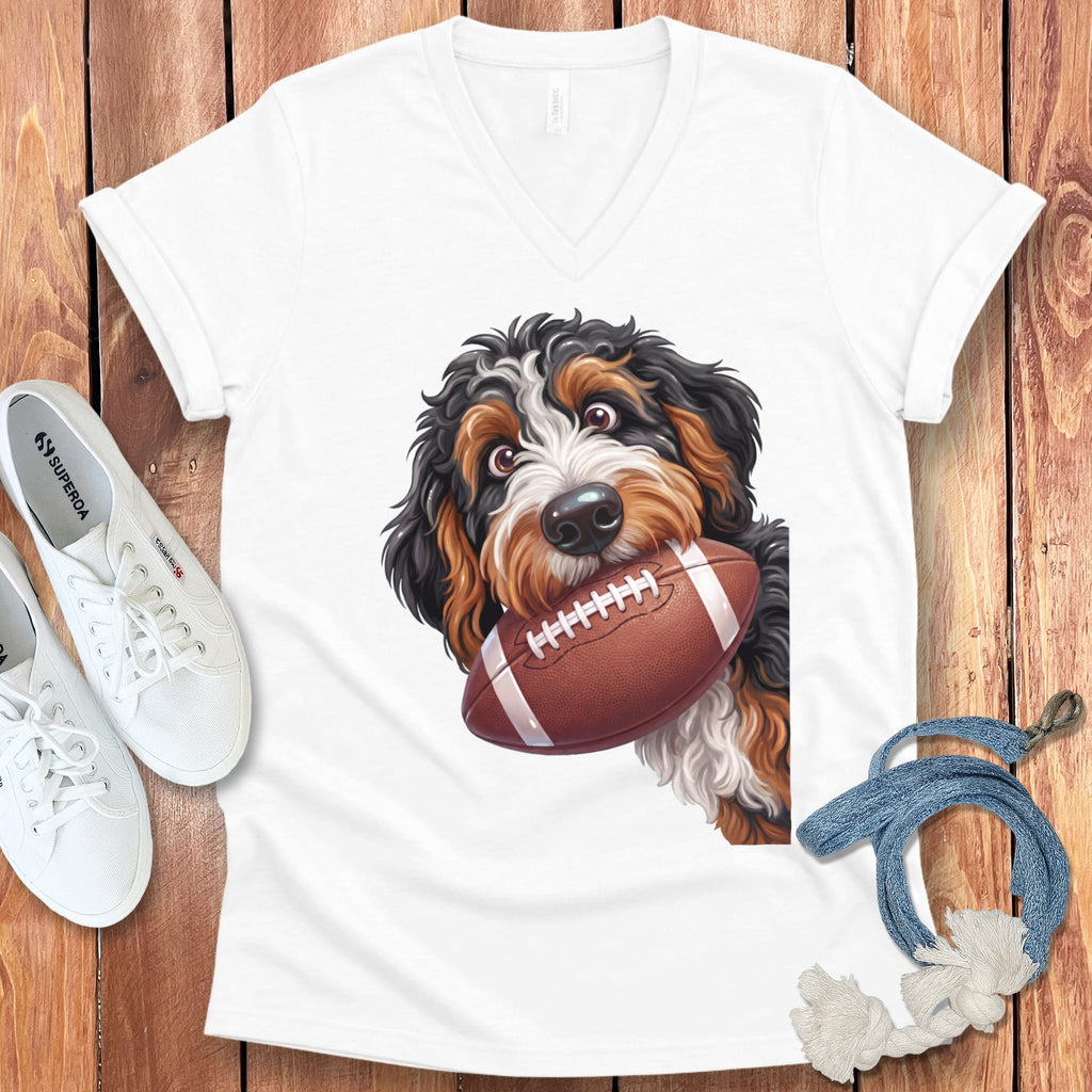 Bernedoodle Football V-Neck T-Shirt in White / S by Puppy Jo