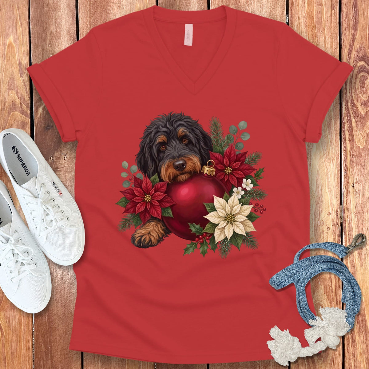 Phantom Goldendoodle Holiday Cheer V-Neck T-Shirt in Red / S by Puppy Jo