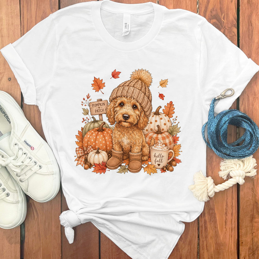 Apricot Goldendoodle Pumpkin Patch T-Shirt in White / S by Puppy Jo