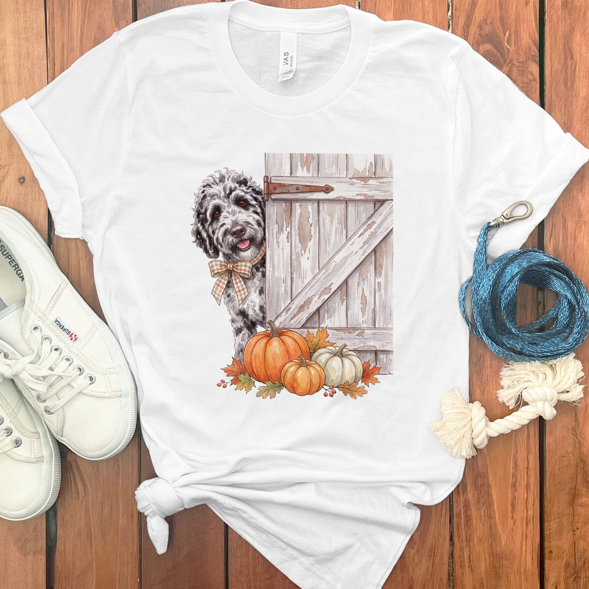 Merle Goldendoodle Barn Peeking T-Shirt in White / S by Puppy Jo