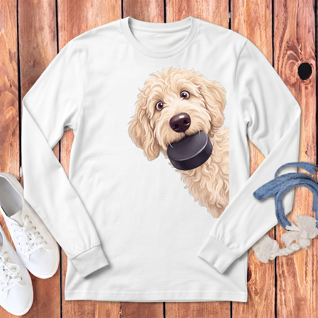 Cream Goldendoodle Hockey Puck Long Sleeve T-Shirt in White / S by Puppy Jo