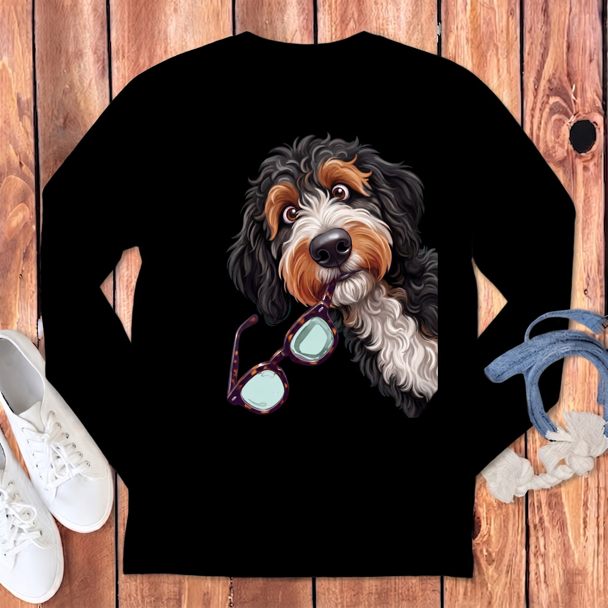 Black long-sleeved shirt featuring a graphic of a Bernedoodle holding glasses in its mouth.
