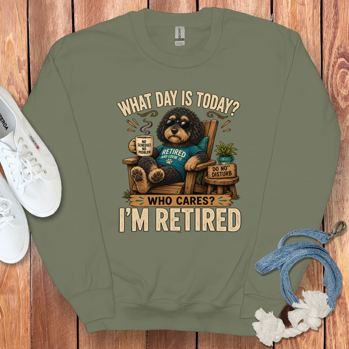 I'm Retired Phantom Goldendoodle Sweatshirt in Military Green / S by Puppy Jo