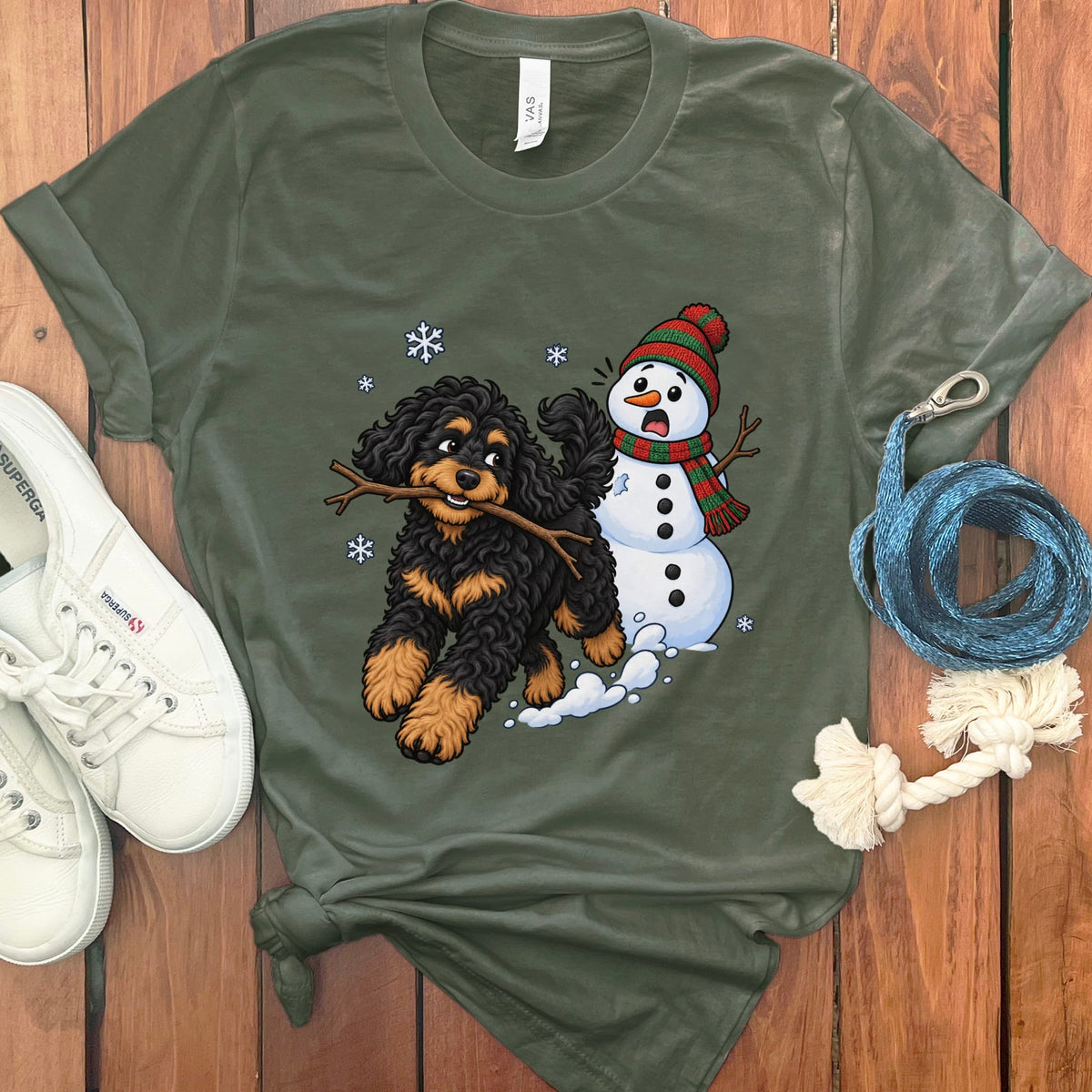 Phantom Goldendoodle Snowman T-Shirt in Military Green / S by Puppy Jo