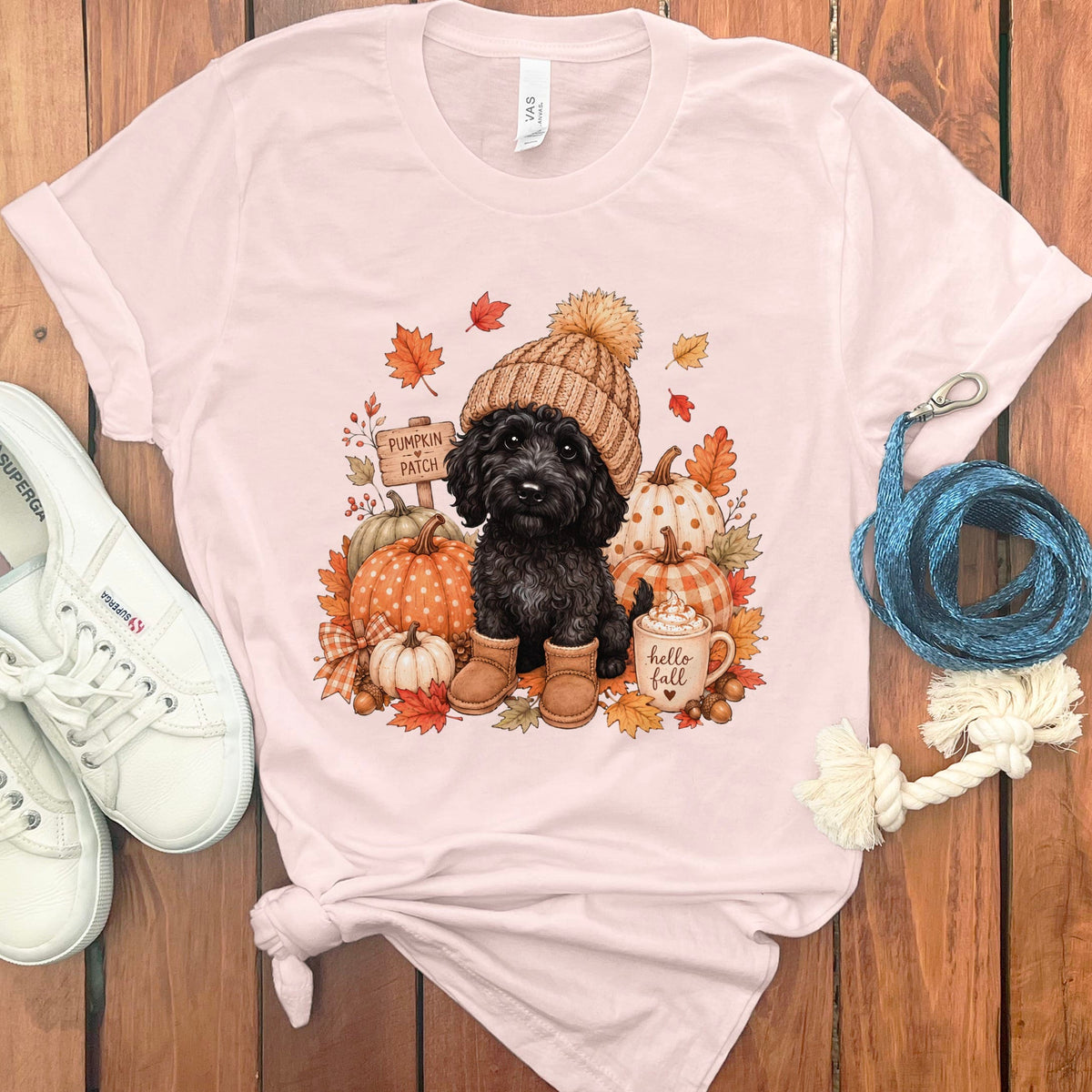 Black Goldendoodle Pumpkin Patch T-Shirt in Soft Pink / S by Puppy Jo