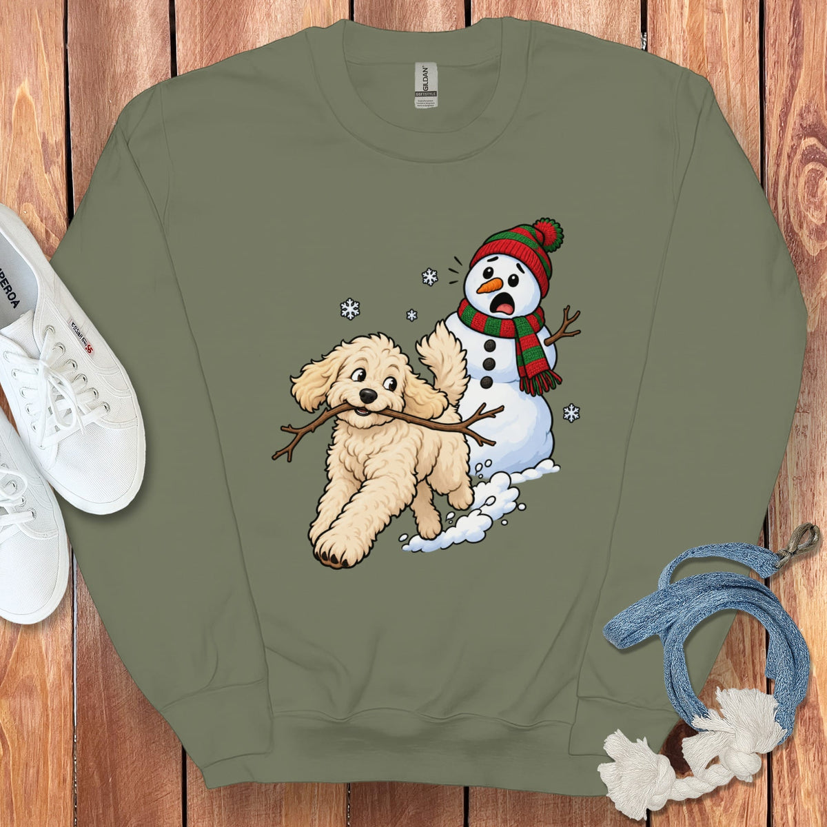 Cream Goldendoodle Snowman Sweatshirt in Military Green / S by Puppy Jo