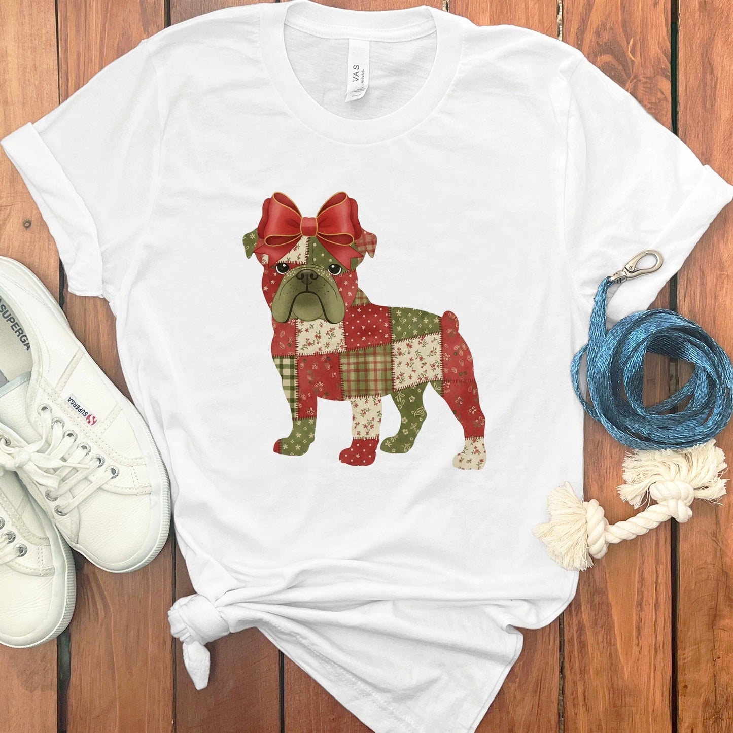Cute Bulldog with Bow and Patchwork Design T-Shirt Product