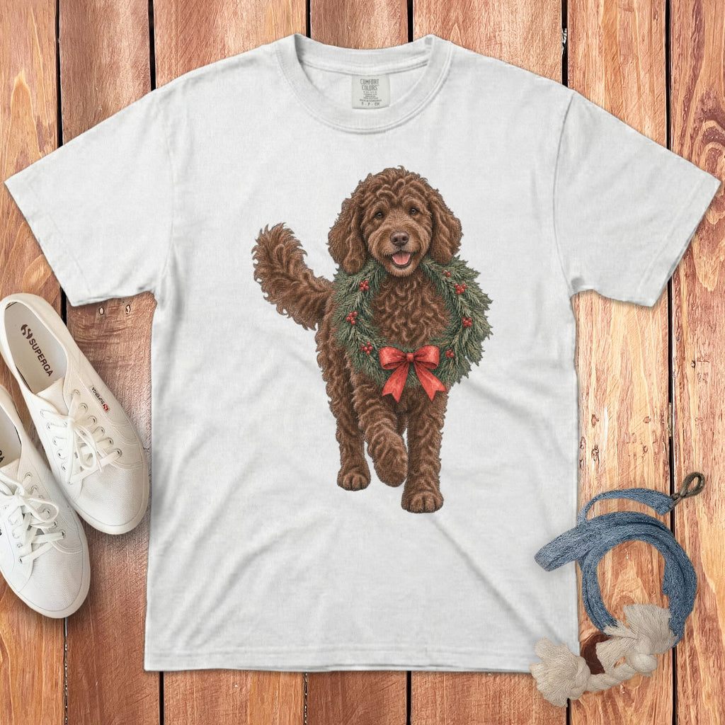 Chocolate Goldendoodle Wreath Signature T-Shirt in White / S by Puppy Jo