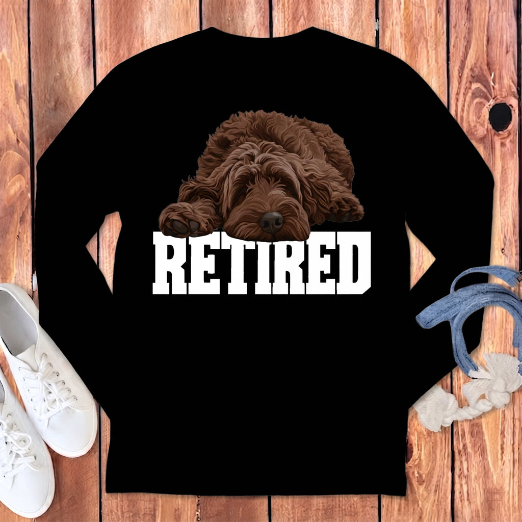 Retired Sleeping Chocolate Goldendoodle Long Sleeve T-Shirt in Black / S by Puppy Jo