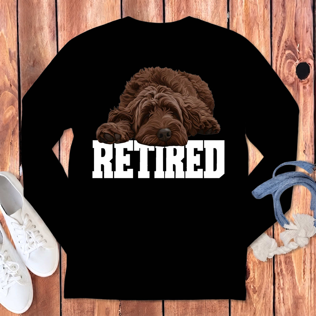 Retired Sleeping Chocolate Goldendoodle Long Sleeve T-Shirt in Black / S by Puppy Jo