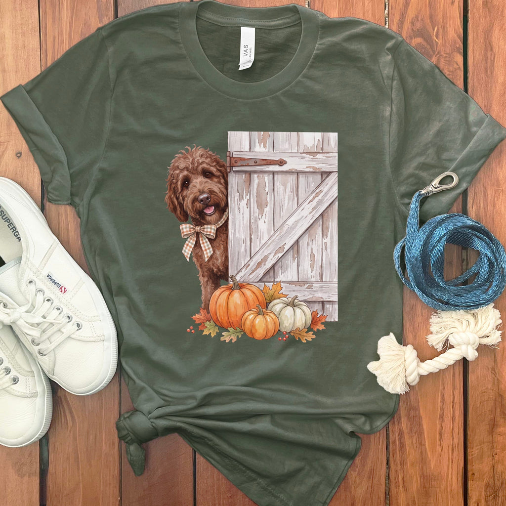 Chocolate Goldendoodle Barn Peeking T-Shirt in Military Green / S by Puppy Jo