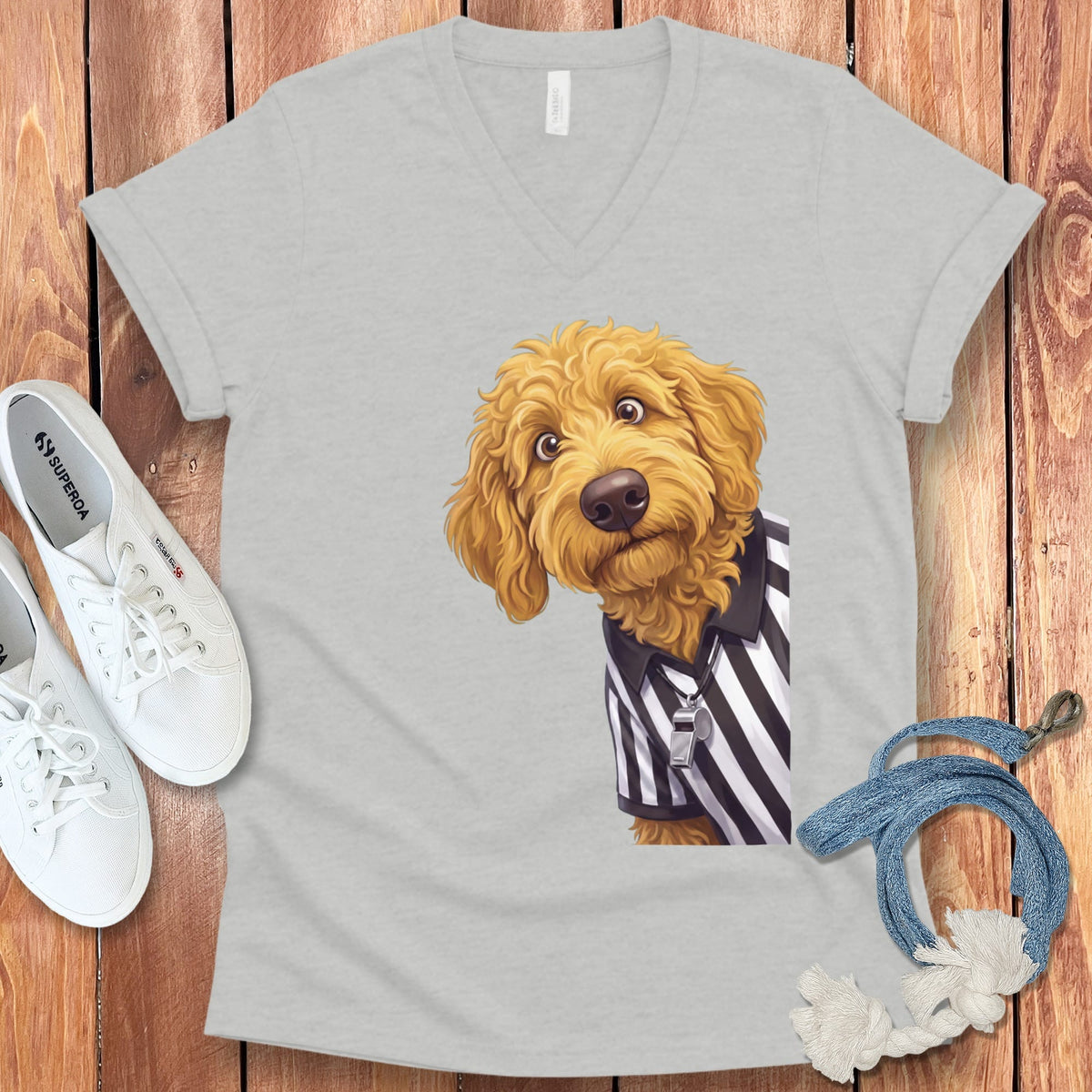 Golden Goldendoodle Football Referee V-Neck T-Shirt in Athletic Heather / S by Puppy Jo
