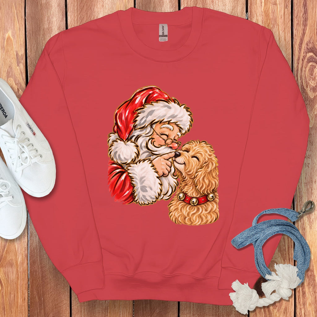 Apricot Goldendoodle Santa Kiss Sweatshirt in Red / S by Puppy Jo