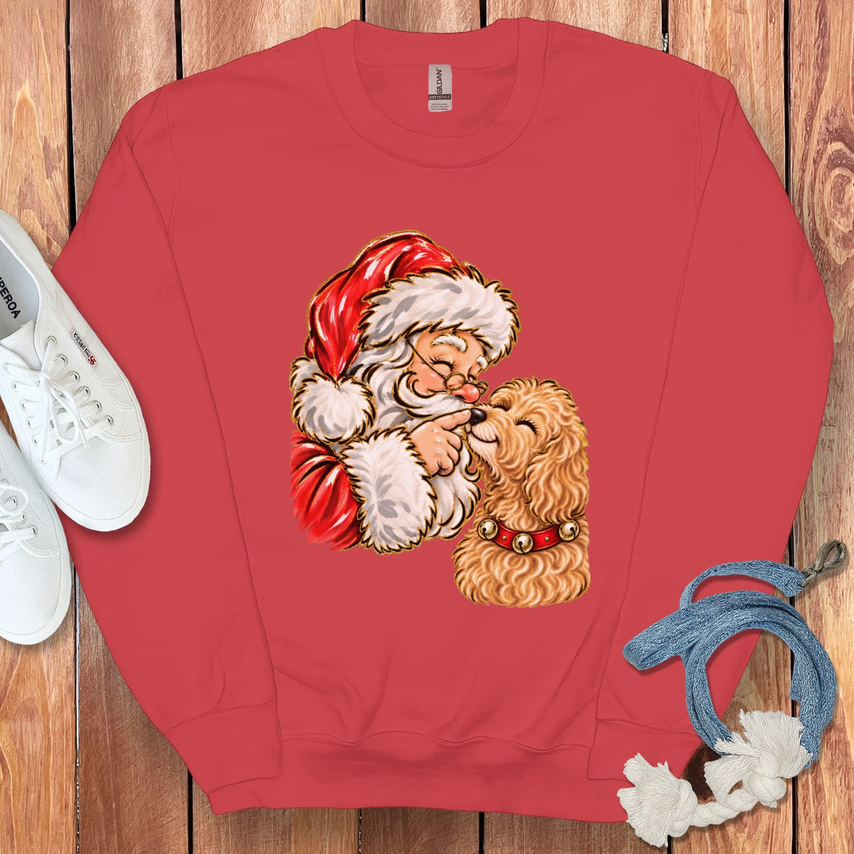 Apricot Goldendoodle Santa Kiss Sweatshirt in Red / S by Puppy Jo