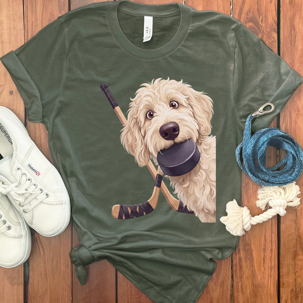 Cream Goldendoodle Hockey T-Shirt in Military Green / S by Puppy Jo