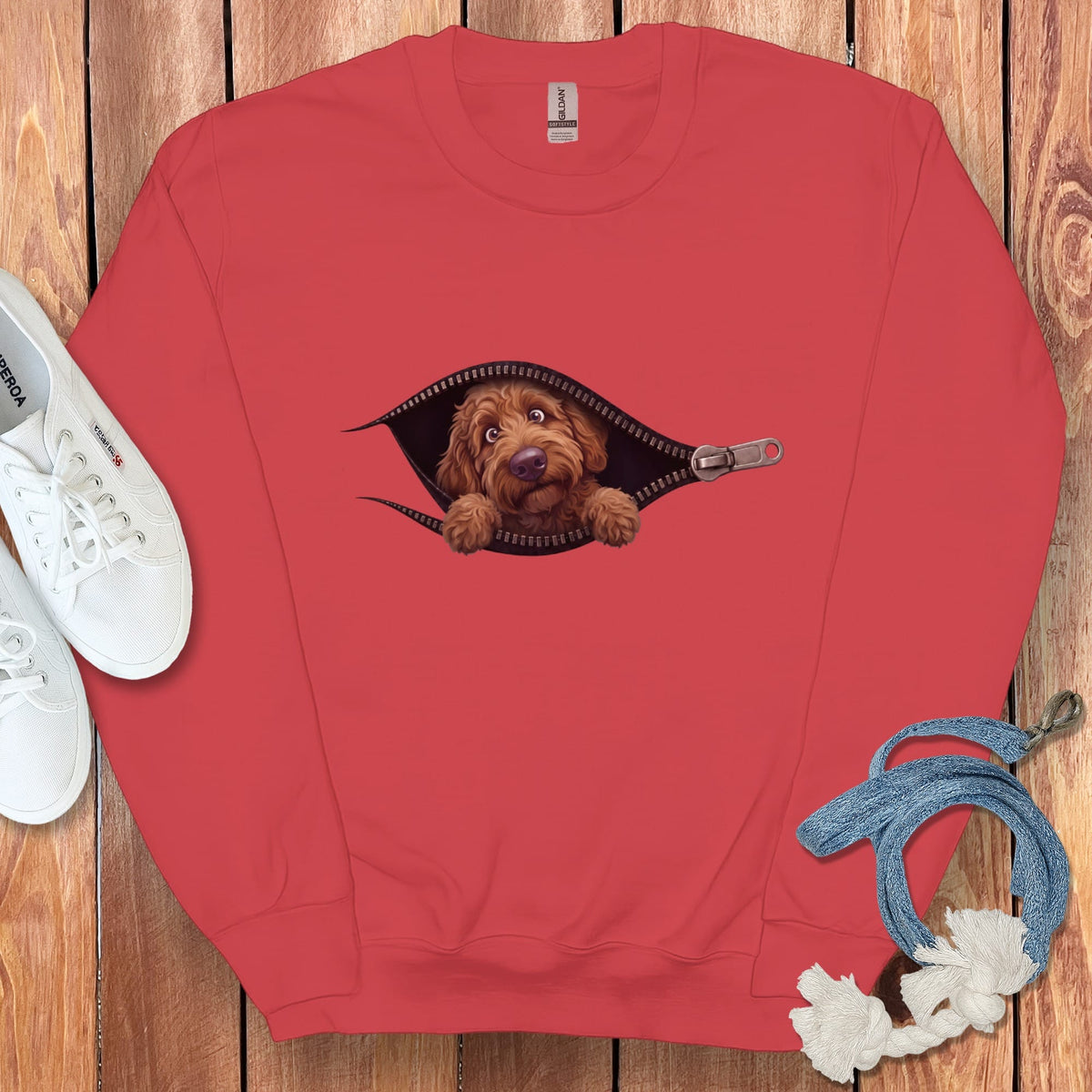 Chocolate Goldendoodle Peeking Zipper Sweatshirt in Red / S by Puppy Jo