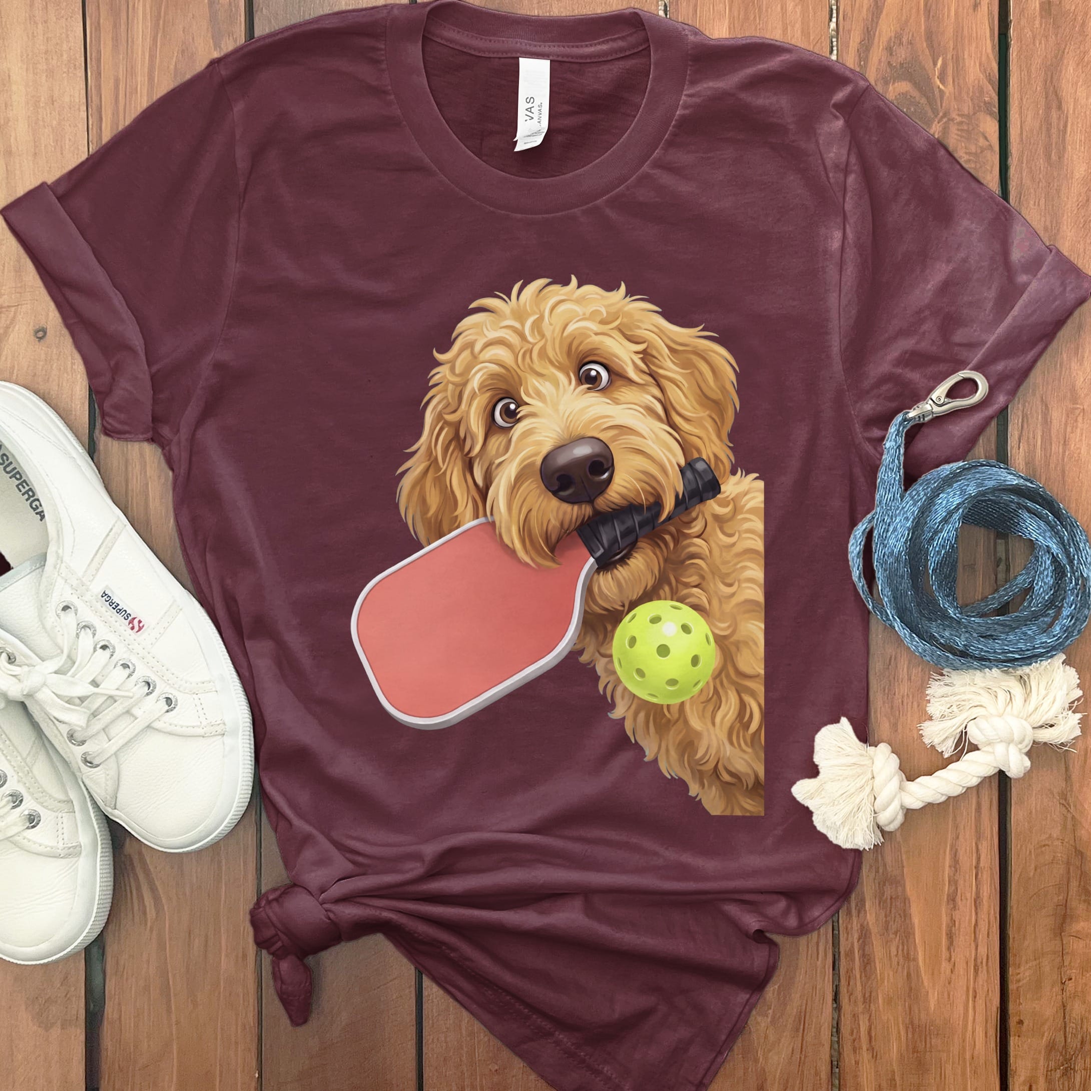 Golden Goldendoodle Pickleball T-Shirt in Maroon / S by Puppy Jo
