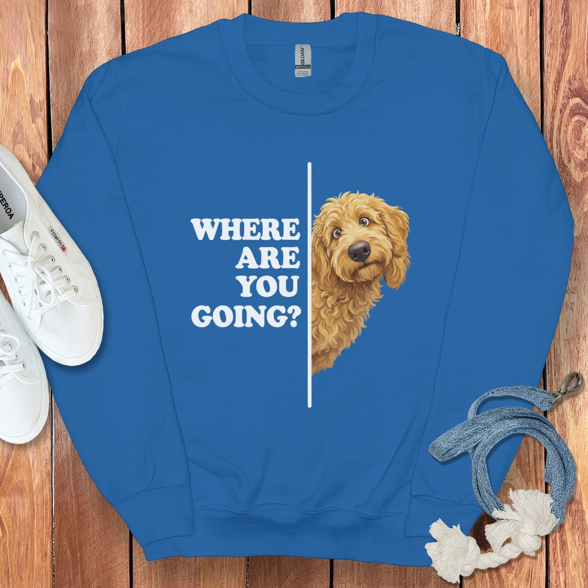 Where Going Apricot Goldendoodle Sweatshirt in Royal / S by Puppy Jo