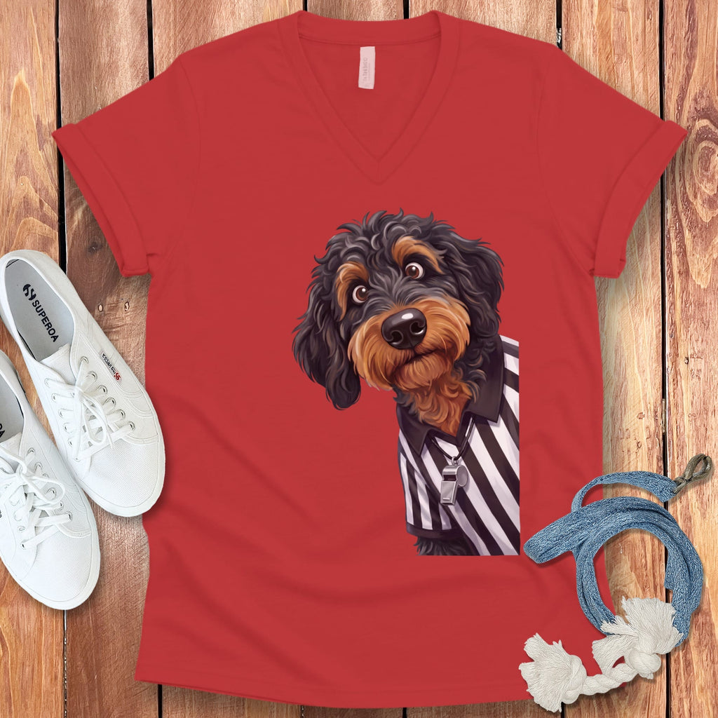 Phantom Goldendoodle Football Referee V-Neck T-Shirt in Red / S by Puppy Jo