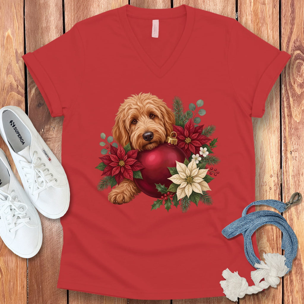 Apricot Goldendoodle Holiday Cheer V-Neck T-Shirt in Red / S by Puppy Jo