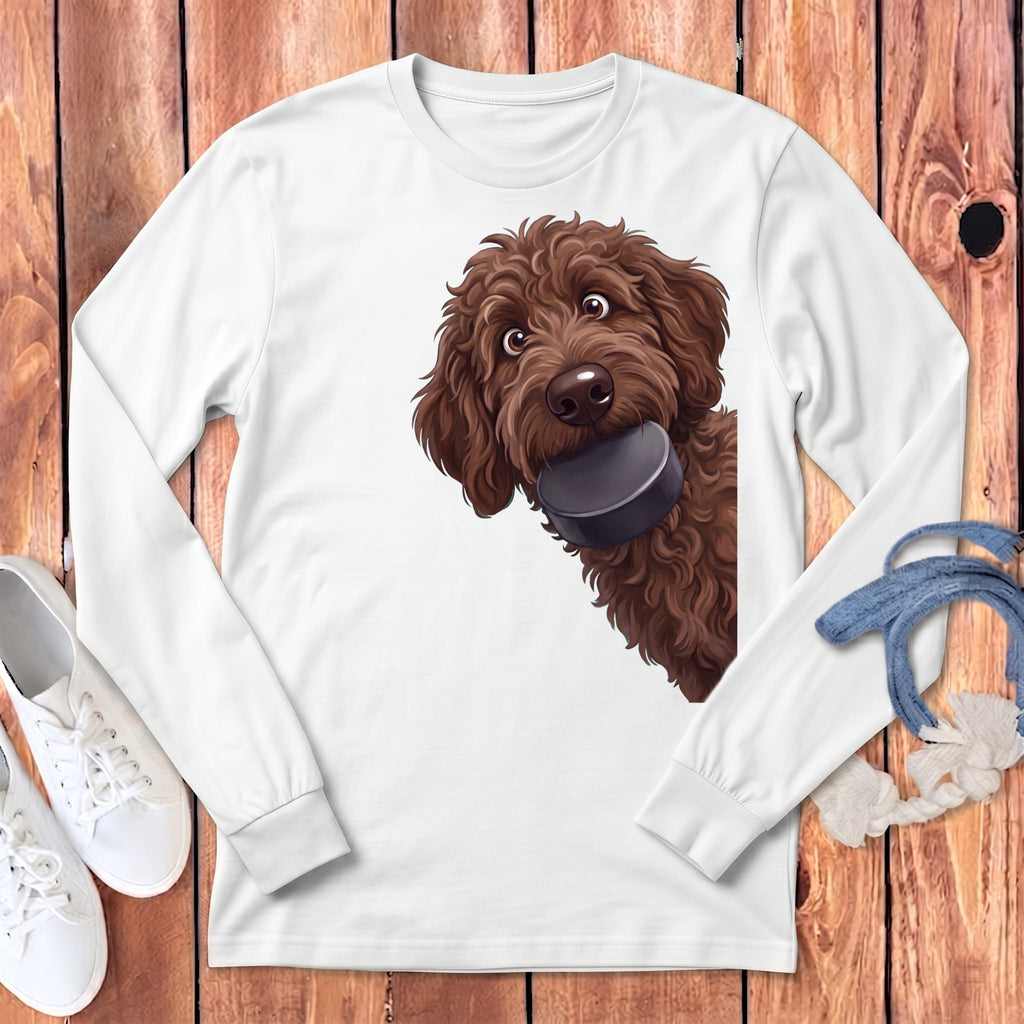 Chocolate Goldendoodle Hockey Puck Long Sleeve T-Shirt in White / S by Puppy Jo