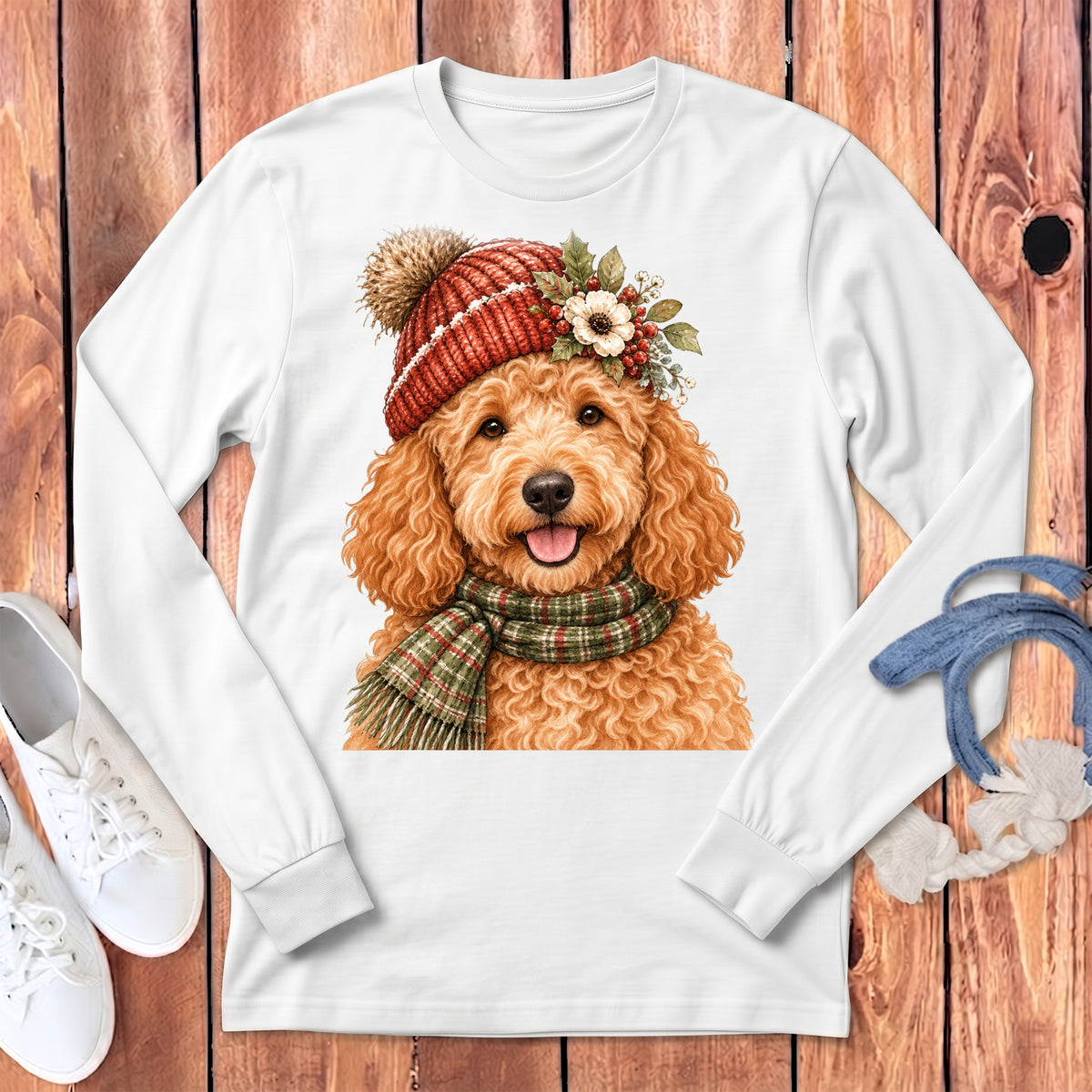 Goldendoodle wearing a winter hat, scarf, and floral accents on a white long-sleeve shirt.