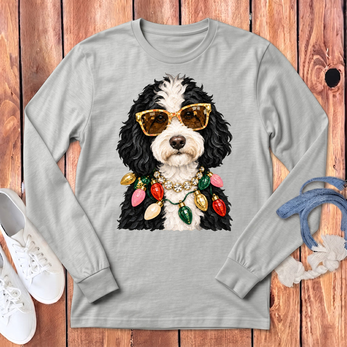 Sheepadoodle Christmas Glam Long Sleeve T-Shirt in Athletic Heather / S by Puppy Jo