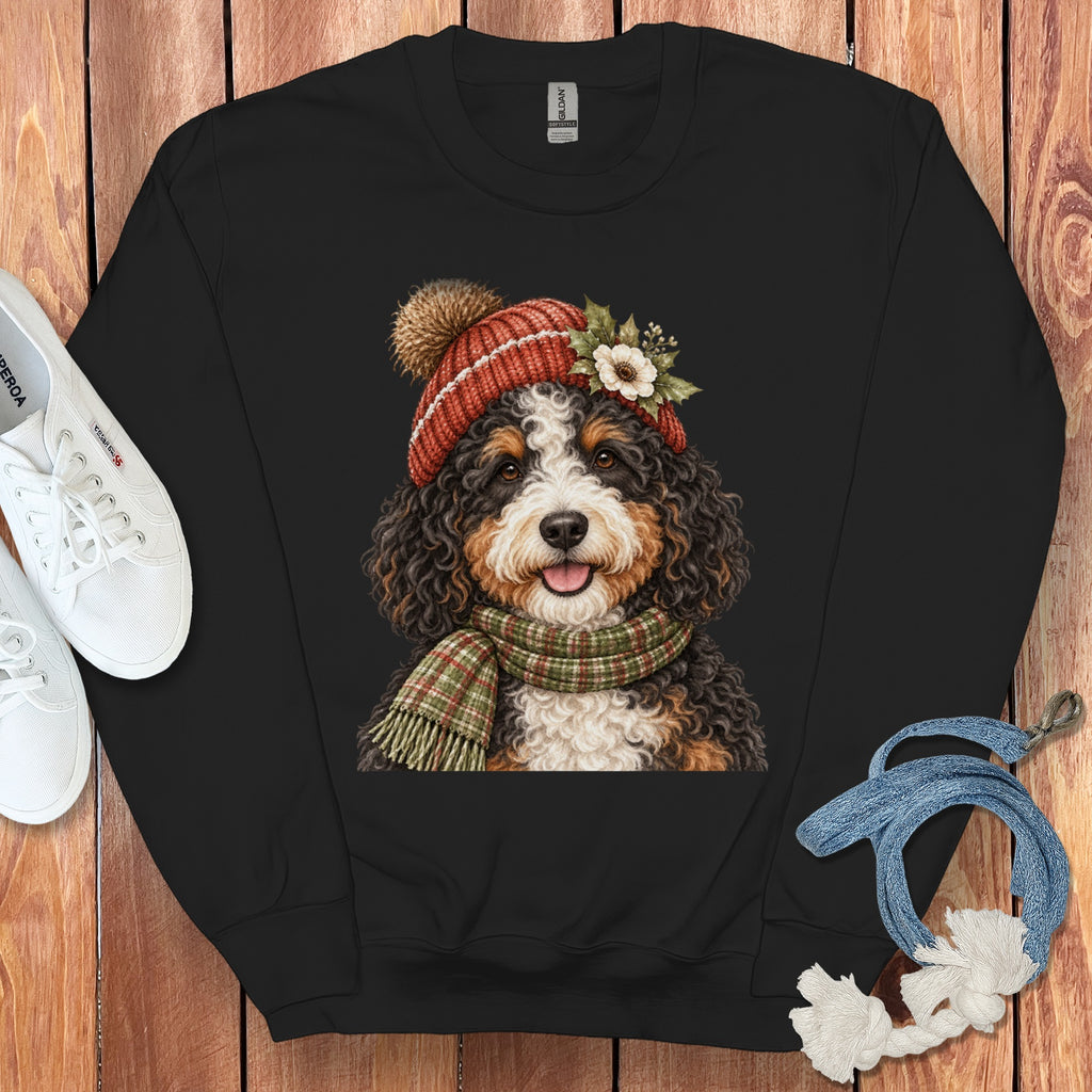 Black sweatshirt with a Bernese Mountain Dog wearing a knitted hat and scarf.