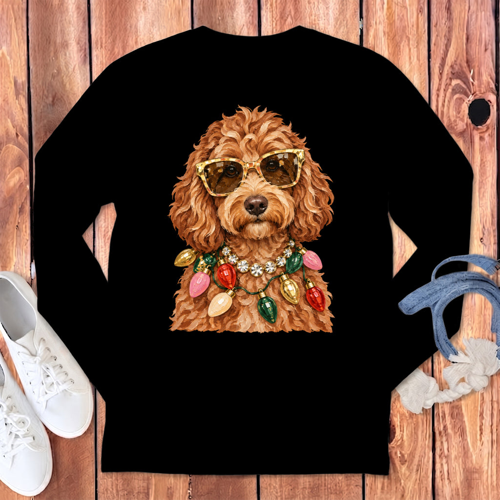 Brown dog wearing gold sunglasses and a string of colorful Christmas lights necklace.