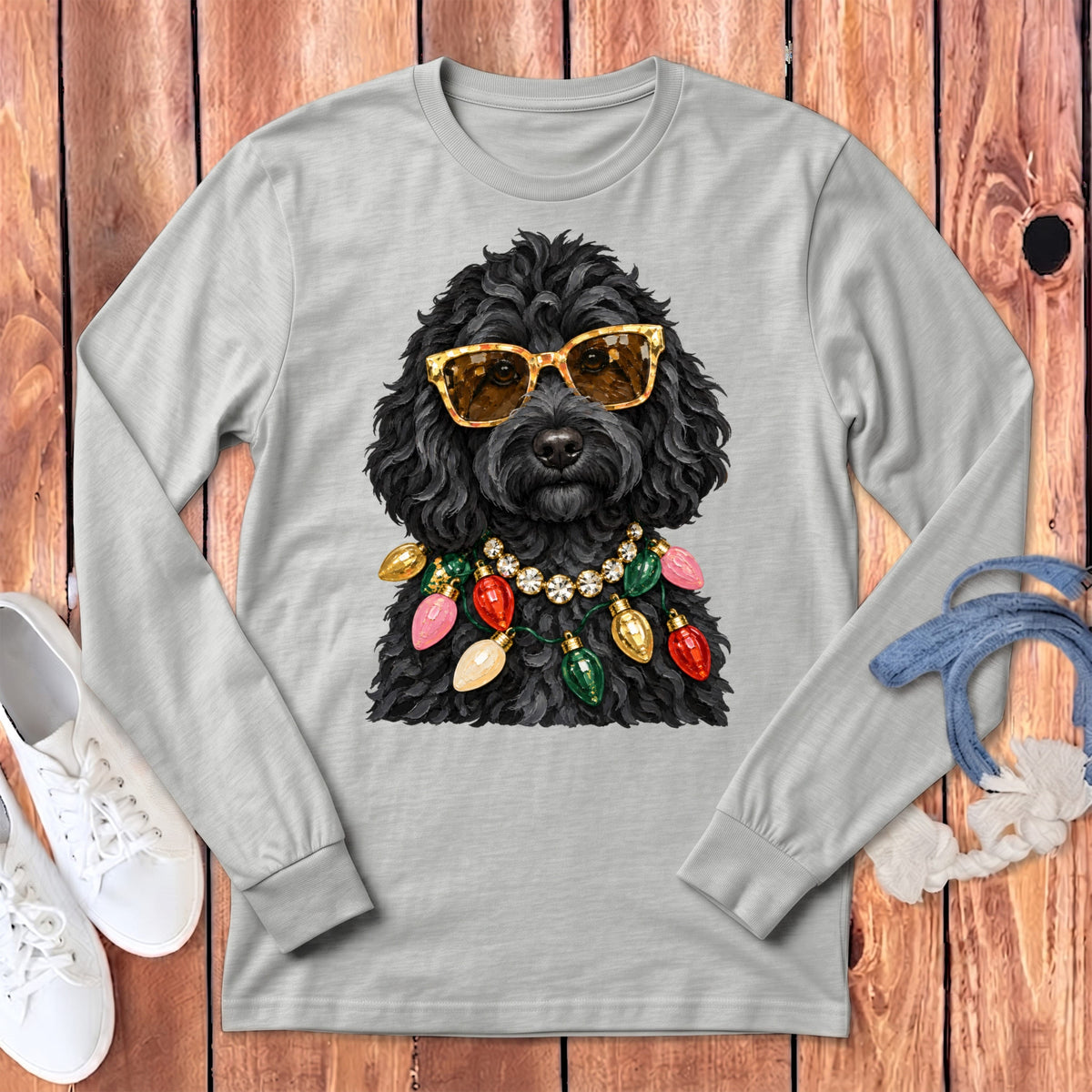 Black Goldendoodle Christmas Glam Long Sleeve T-Shirt in Athletic Heather / S by Puppy Jo