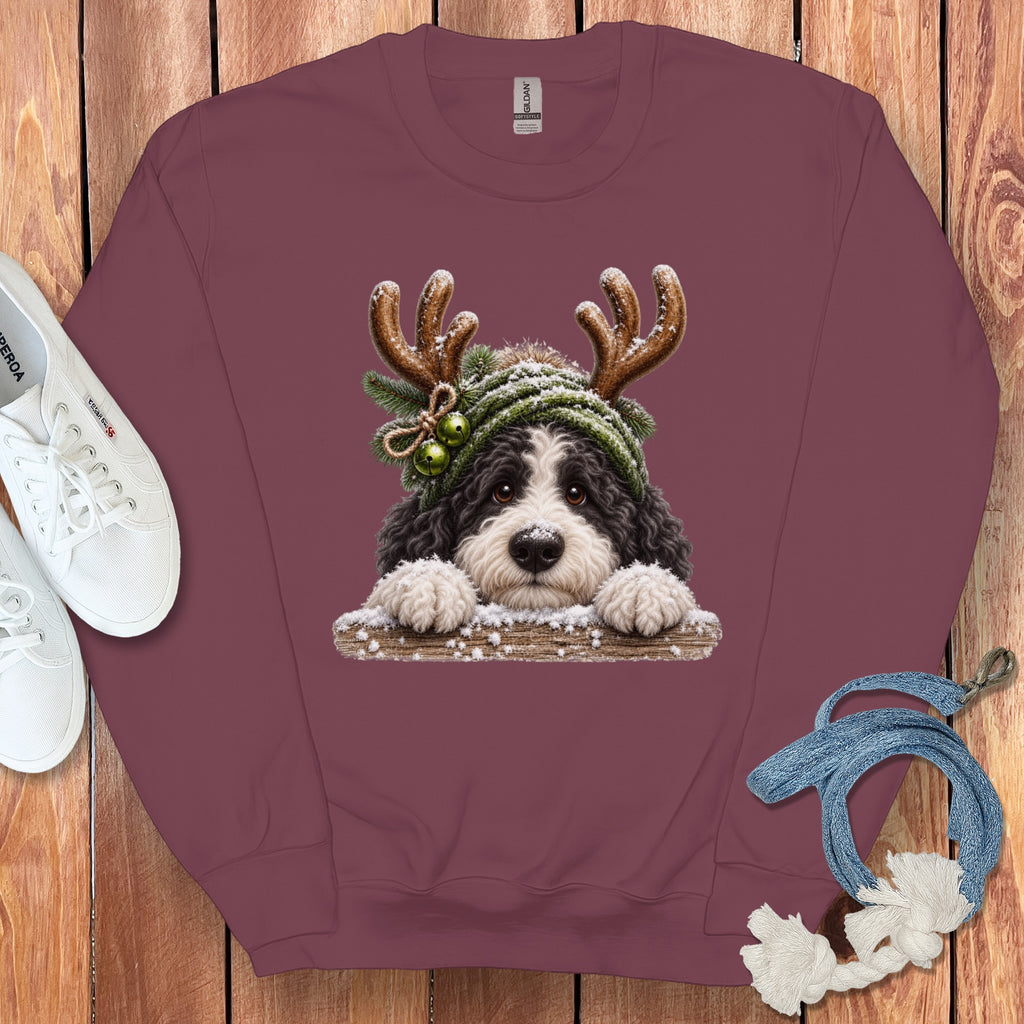 Maroon crewneck sweatshirt with a Christmas-themed dog graphic and Gildan Softstyle tag.