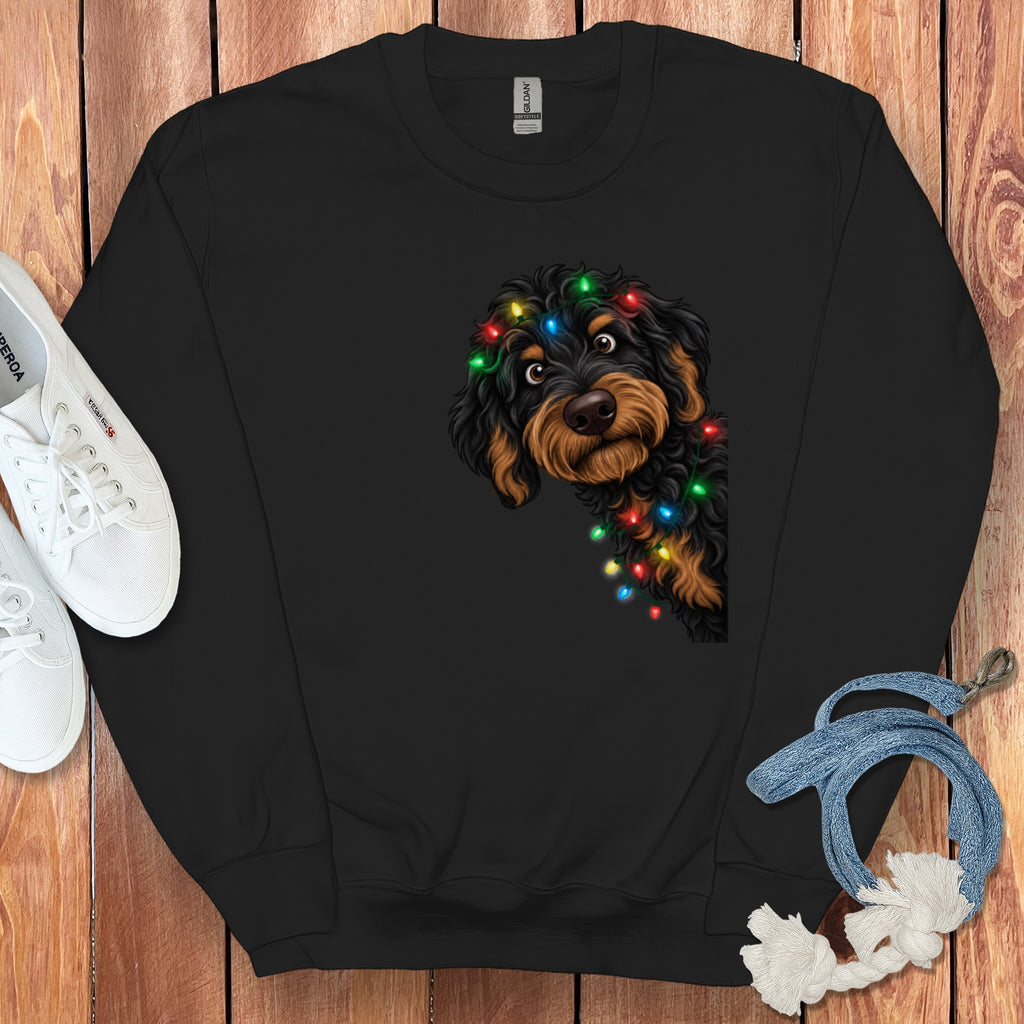 Black sweatshirt with a doodle dog wearing colorful Christmas lights.