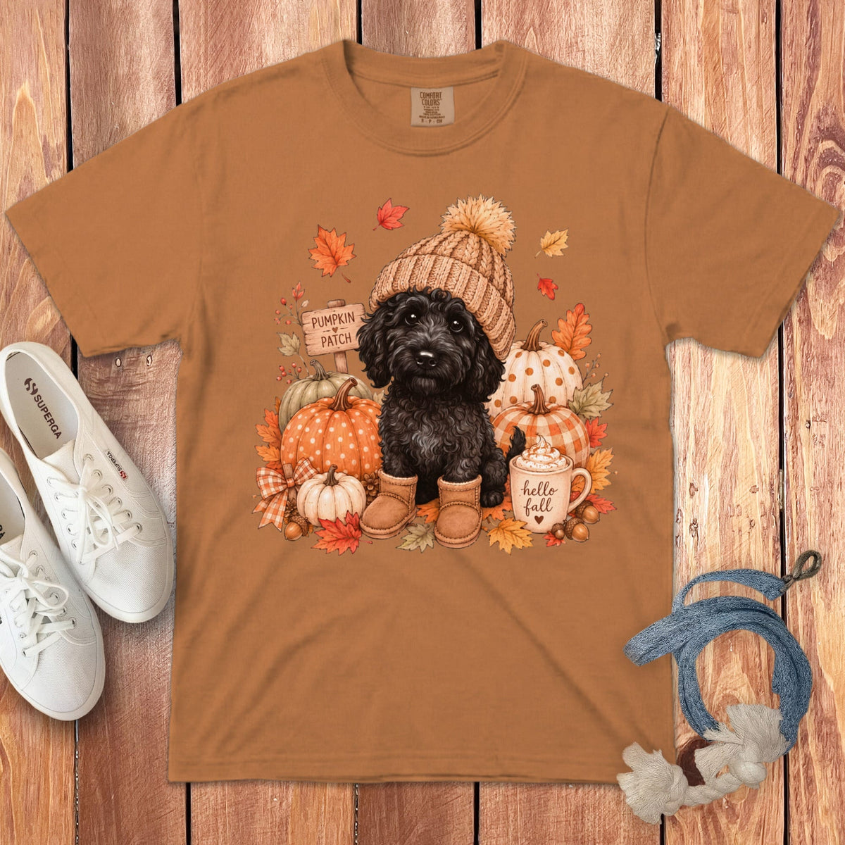 Black Goldendoodle Pumpkin Patch Signature T-Shirt in Yam / S by Puppy Jo