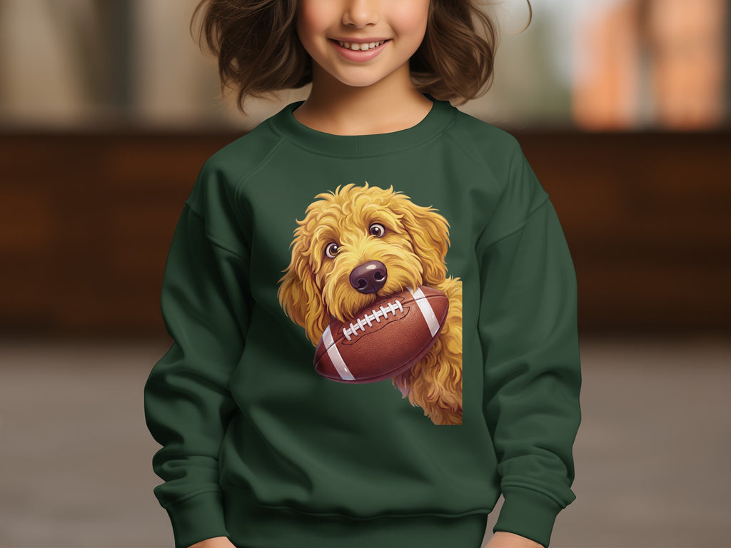 Green sweatshirt with illustration of a golden doodle holding a football.