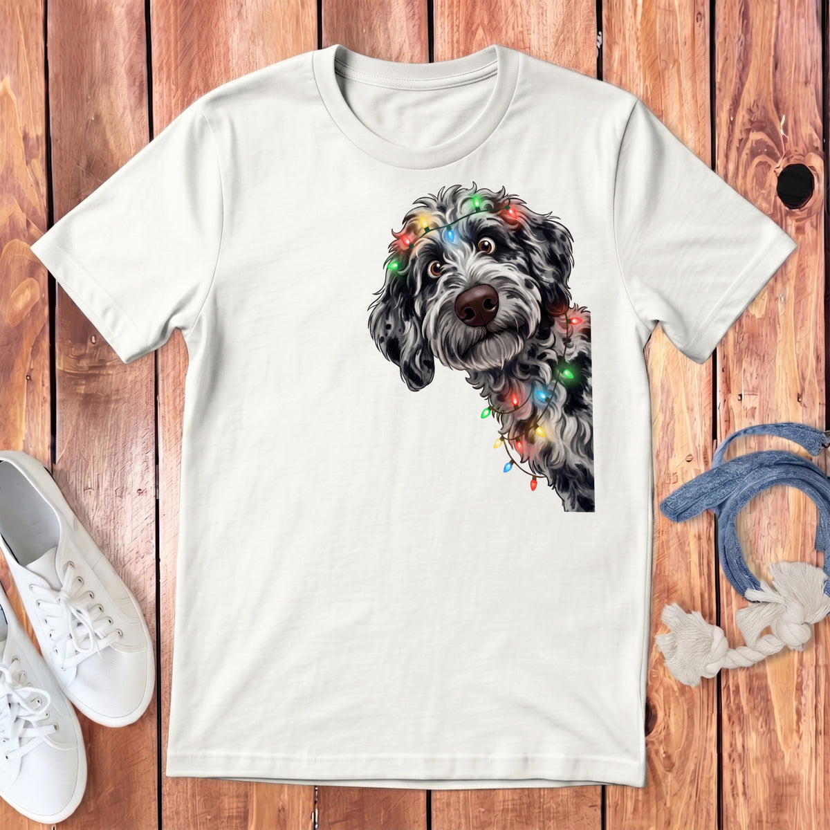 White t-shirt with a black and white dog wearing colorful Christmas lights.