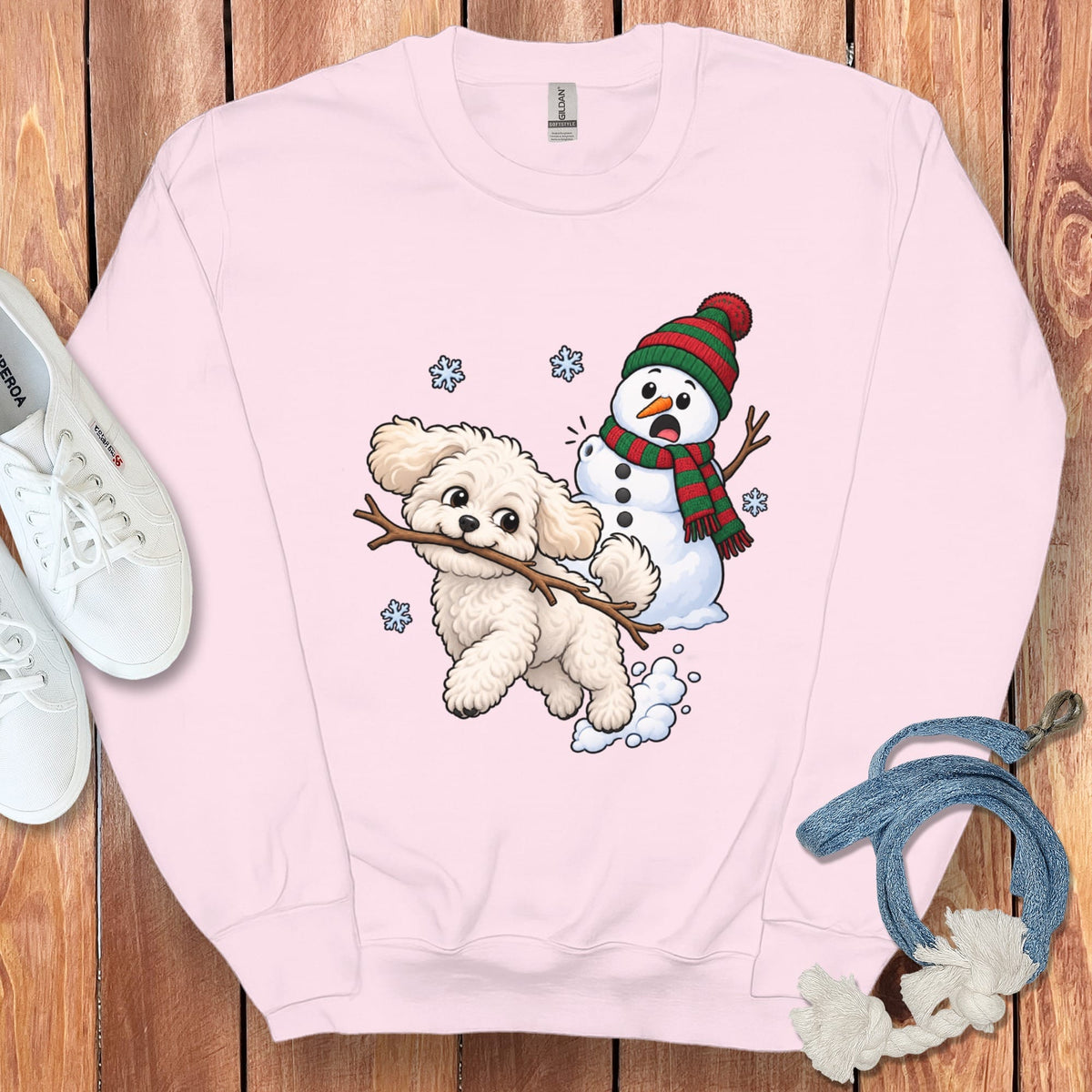 Maltipoo Snowman Sweatshirt in Light Pink / S by Puppy Jo