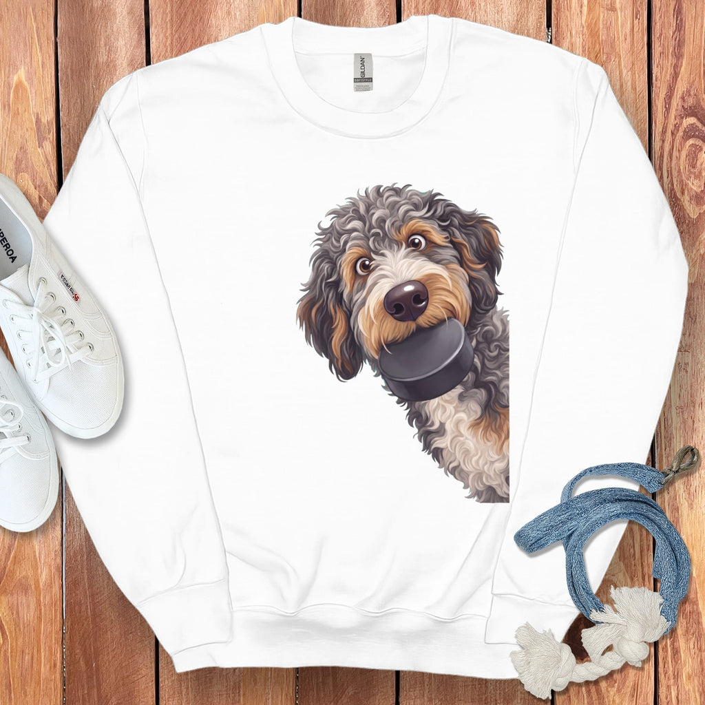Aussiedoodle Hockey Puck Sweatshirt in White / S by Puppy Jo