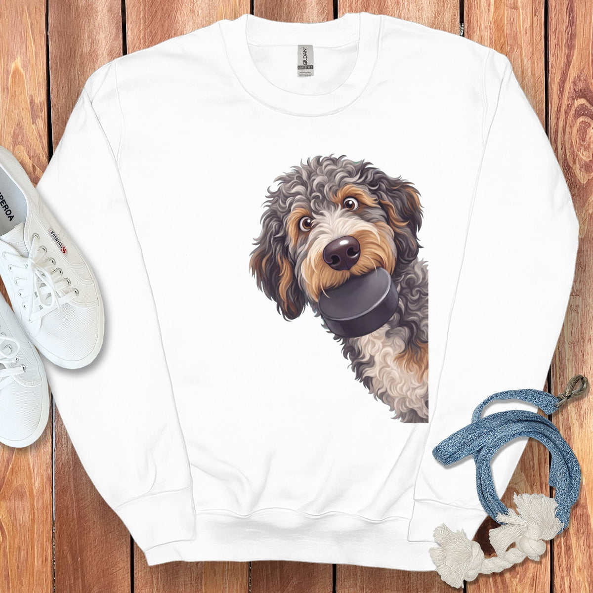 Aussiedoodle Hockey Puck Sweatshirt in White / S by Puppy Jo
