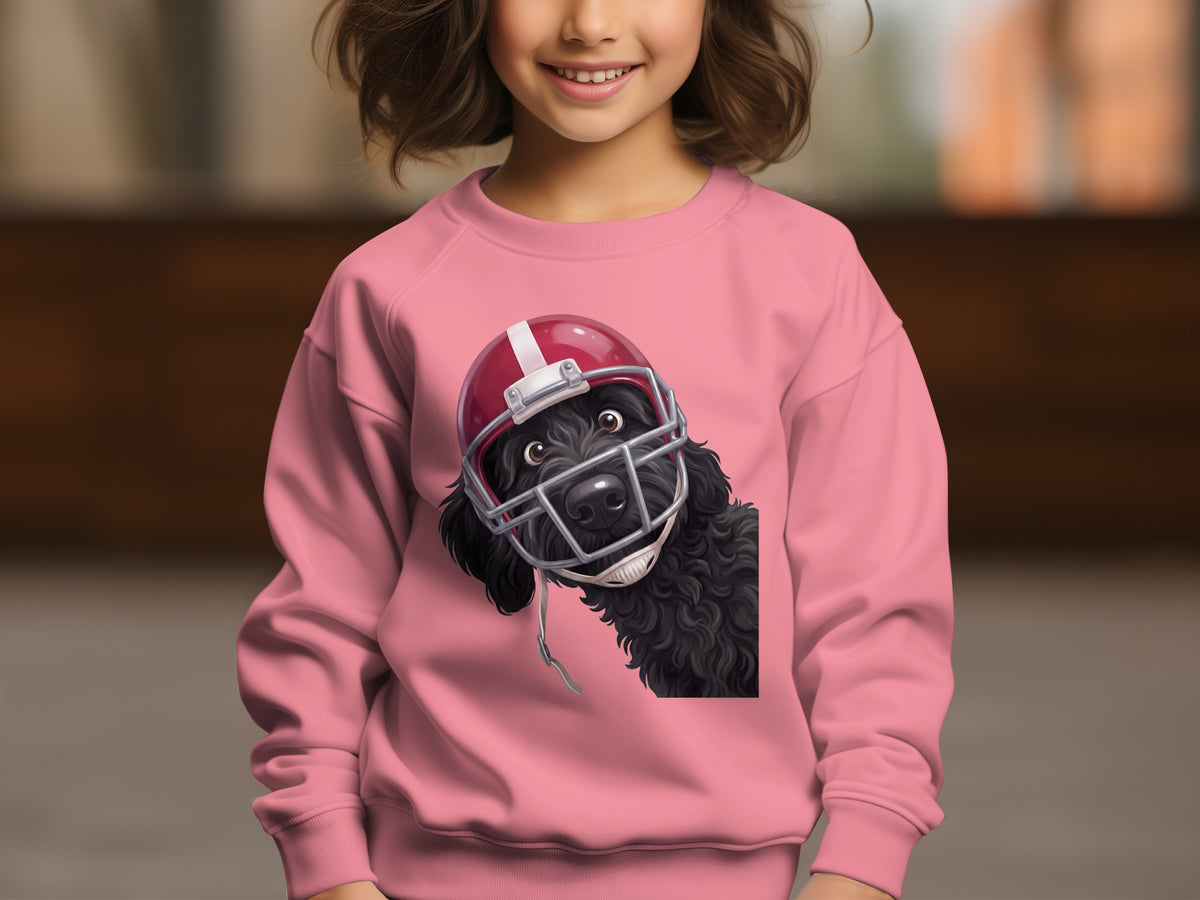 Pink sweatshirt on a child featuring a black dog wearing a red and white football helmet.