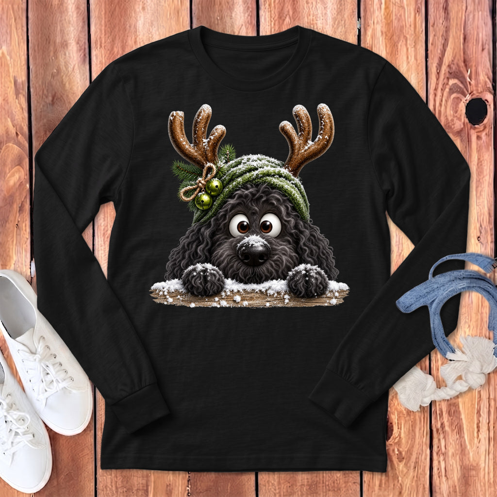 Black long-sleeve shirt featuring a cartoon doodle dog wearing antlers and a winter hat.