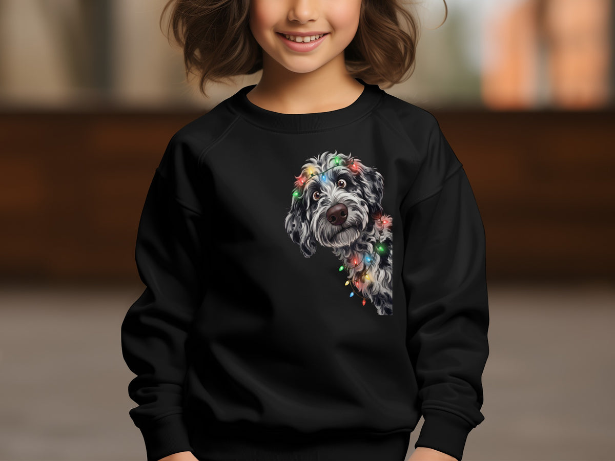 Black sweatshirt with a black and white dog wearing colorful holiday lights.