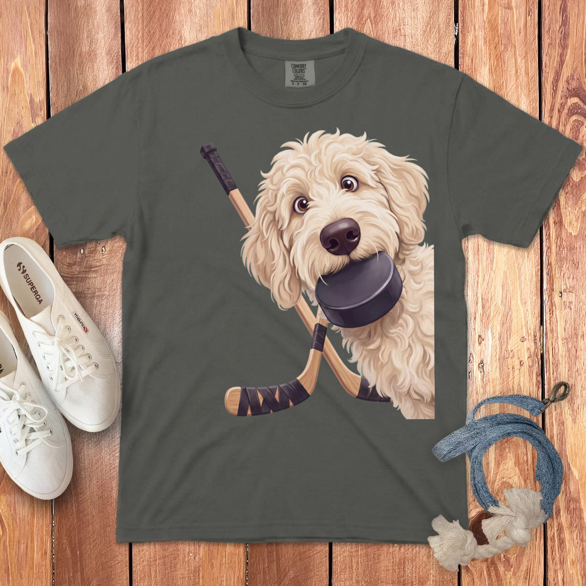 Cream Goldendoodle Hockey Signature T-Shirt in Pepper / S by Puppy Jo