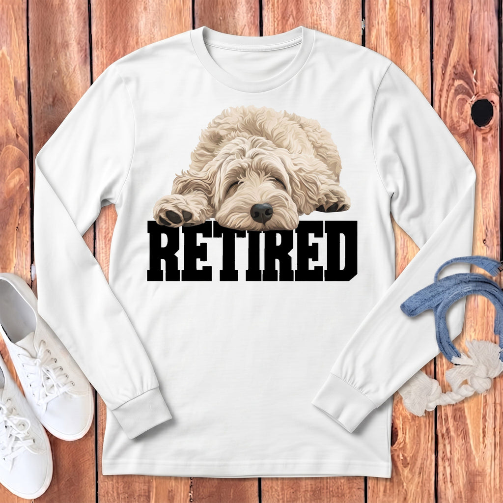 Retired Sleeping Cream Goldendoodle Long Sleeve T-Shirt in White / S by Puppy Jo