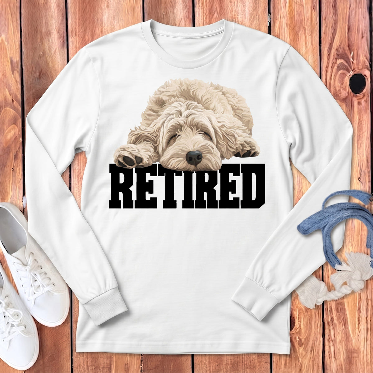 Retired Sleeping Cream Goldendoodle Long Sleeve T-Shirt in White / S by Puppy Jo
